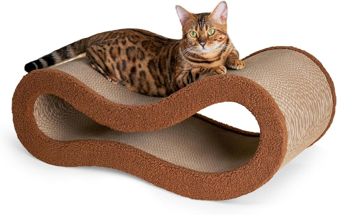Cloud Lounge Cat Scratching Pad, Reversible Scratch Board with Natural Curves for Freestyle Scratching & Ergonomic Support, Extra Wide Cat Bed for Large Cats, Premium Cardboard & Cozy Fabric (Brown)