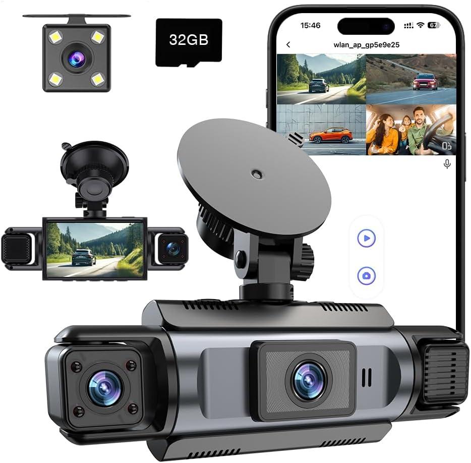 4 Channel WiFi Dash Cam with 32GB Card, 4 * 1080P Dash Camera for Cars Front and Rear Left Right,3IPS Screen Dashcam with 360 Surveillance APP Control, 24H/7 Parking Mode, Night Vision G-Sensor
