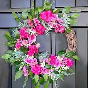 Spring Summer Wreath for Front Door hot Pink Peony Hydrangea Wreath Farmhouse Porch Decor Mother's Day Valentine's Day Gift Vintage Inspired -22inch