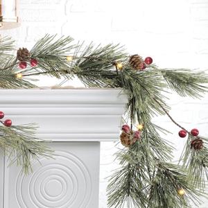 6.4 FT Artificial Cedar Garlands, Real Touch Winter Pine Garland with Red Berries, Green Greenery Garland for Table, Mantle, Wall, Indoor, Outdoor Christmas Decorations