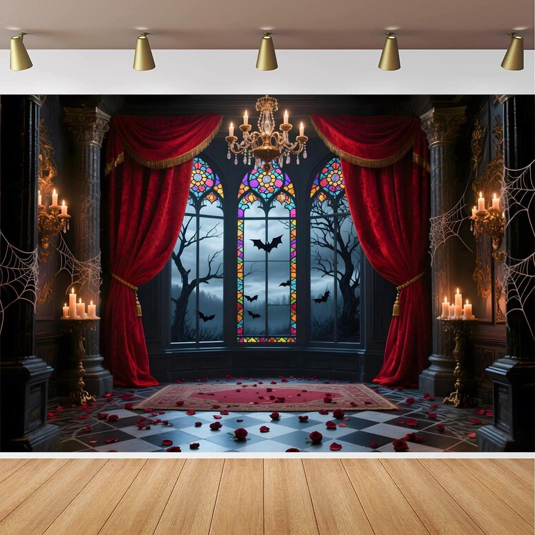 Halloween Photography Backdrop 8x6FT Halloween Vampire Medieval Castle Photography Background Gothic Window Red Curtain Bats Backdrops Haunted House Party Decor Photo Props