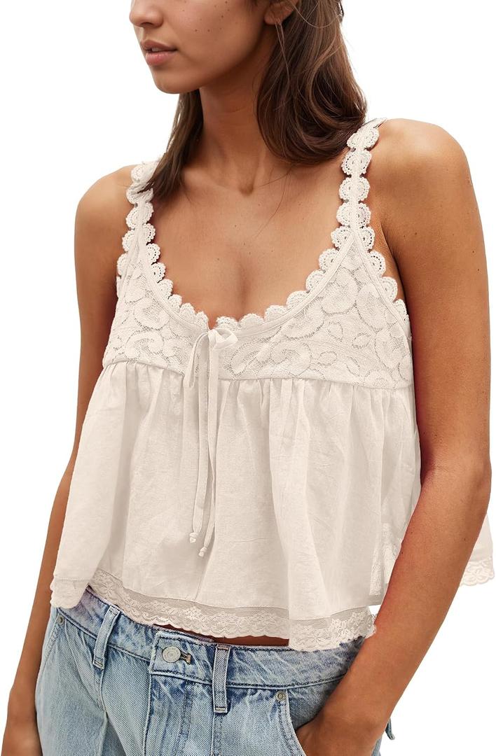Gacaky Womens Summer Boho Lace Tank Top Casual Beach Vacation Y2k Tops Fashion Crop Tops Clothes 2026 (M)