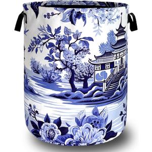 Blue White Porcelain Laundry Basket Chinoiserie Funny Laundry Hamper Foldable Oxford Cloth Colorful Tote Bag Clothes Toy Storage Bucket 18.9"x16.5" For Bathroom/Laundry Storage/Bedroom