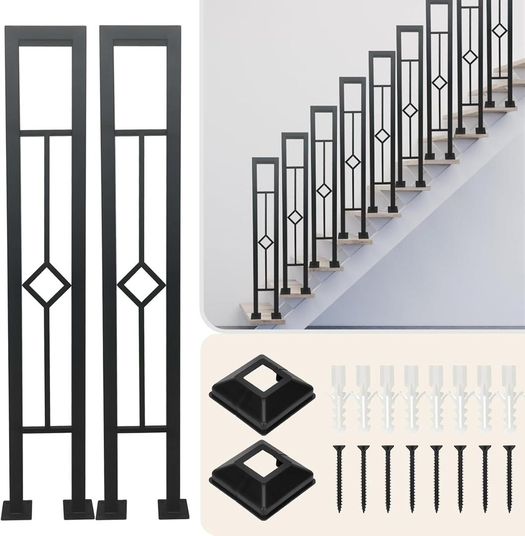 2Pcs 35.4in U-Shaped Stair Handrail, Matte Black Hand Rail with Rhombus Pattern, Wrought Iron Outdoor Stair Railing for Porches, Decks, Fences, Black