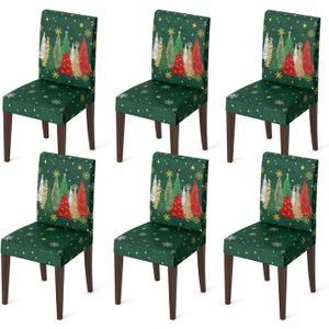 Horaldaily 6PCS Christmas Dining Green Chair Covers, Xmas Tree Pine Tree Stars Stretch Removable Washable Slipcover Chair Protector for Dining Room Home Decor