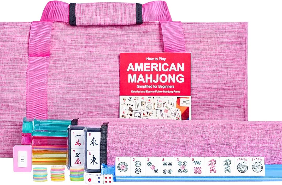 Jongyance American Mahjong Set, 166 White Tiles with Pink Bag, 4 All-in-One Rack/Pushers, Mah jongg Game Set (Mah-Jongg, Majiang,Ma Jong)