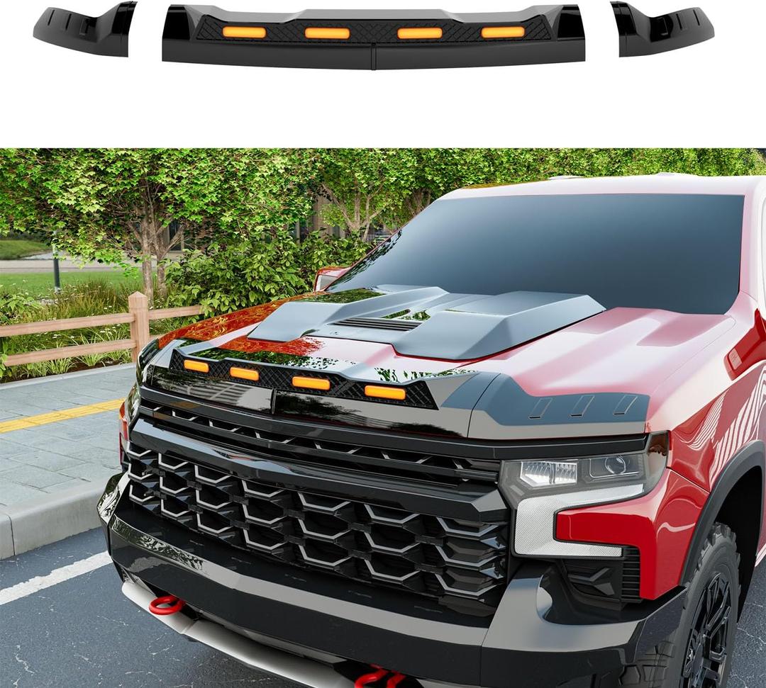 3Pcs Hood Protector with LED Light Compatible with 2019-2024 Chevy Silverado 1500 ZR2 Hood Deflector Glossy Black Lightshield Replacement for 2019-2024 Chevy Silverado Accessories