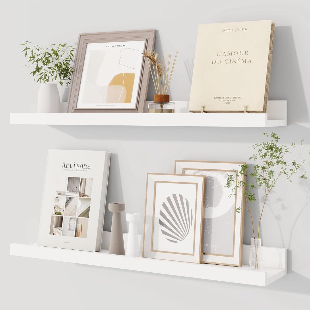 Dreamland Picture Ledge Shelf for Wall, Floating Shelves Set of 2, 24 Inch Long Floating Shelves with Lip for Living Room, Bedroom, Bathroom, Kitchen, White