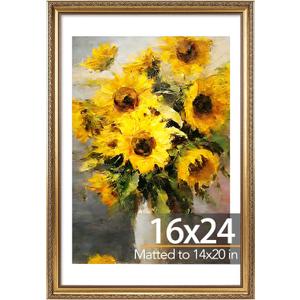 JCJMY 16x24 Vintage Picture Frame for Poster Photo Picture and 40x60 cm Canvas with 14x20 Mat, Elegant Retro 16 by 24 Photo Frame with Shatter-Resistant Plexiglass for Wall, Gold, 1 Pack