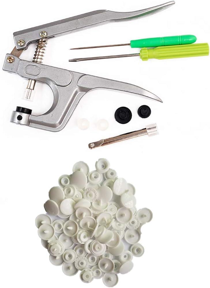 100 Complete White Plastic Snaps Hand-held Pliers Tool Installs Sizes 20, 22, 24 T5 No-Sew Button Snap Fastener Press Attacher Punch