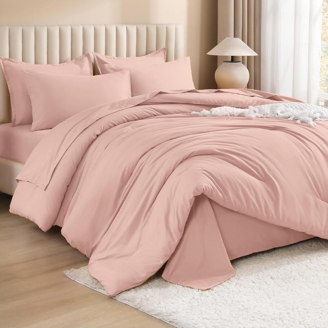 Litanika Comforter Queen Size Set Blush Pink - 7 Pieces Bed in a Bag Queen Bedding Comforter Sets, Plain Lightweight Bed Set with Comforter, Sheets, Pillowcases & Shams