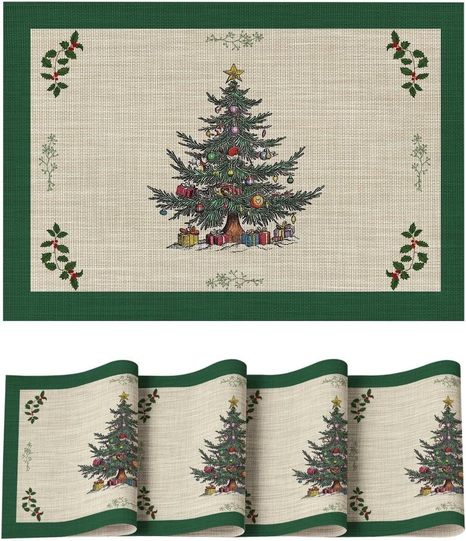 Artoid Mode Xmas Tree Gifts Vinyl Christmas Placemats Set of 4, 12x18 Inch Washable Plastic Non-Slip Woven Winter Table Mats for Party Kitchen Dining Decor (Green)