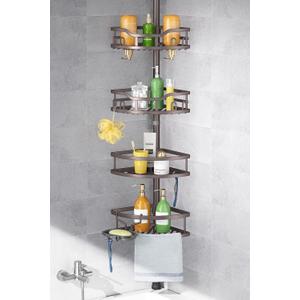 HAMITOR Corner Shower Caddy Tension Pole: Rustproof Stable 4-Tier Bathroom Organizer Shelves for Bathtub Shampoo Storage - 47-121 Inch Quick Install Adjustable Standing Rack with Soap Rack - Bronze