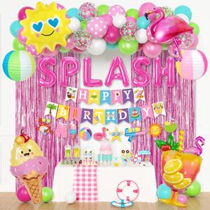 Summer Pool Beach Party Decorations, Splash Birthday Bash Party Supplies Tropical Summer Banner Beach Ball Lantern Fringe Curtain Foil Balloons Arch for Girls Swimming Luau Hawaiian Party Decor(Pink)