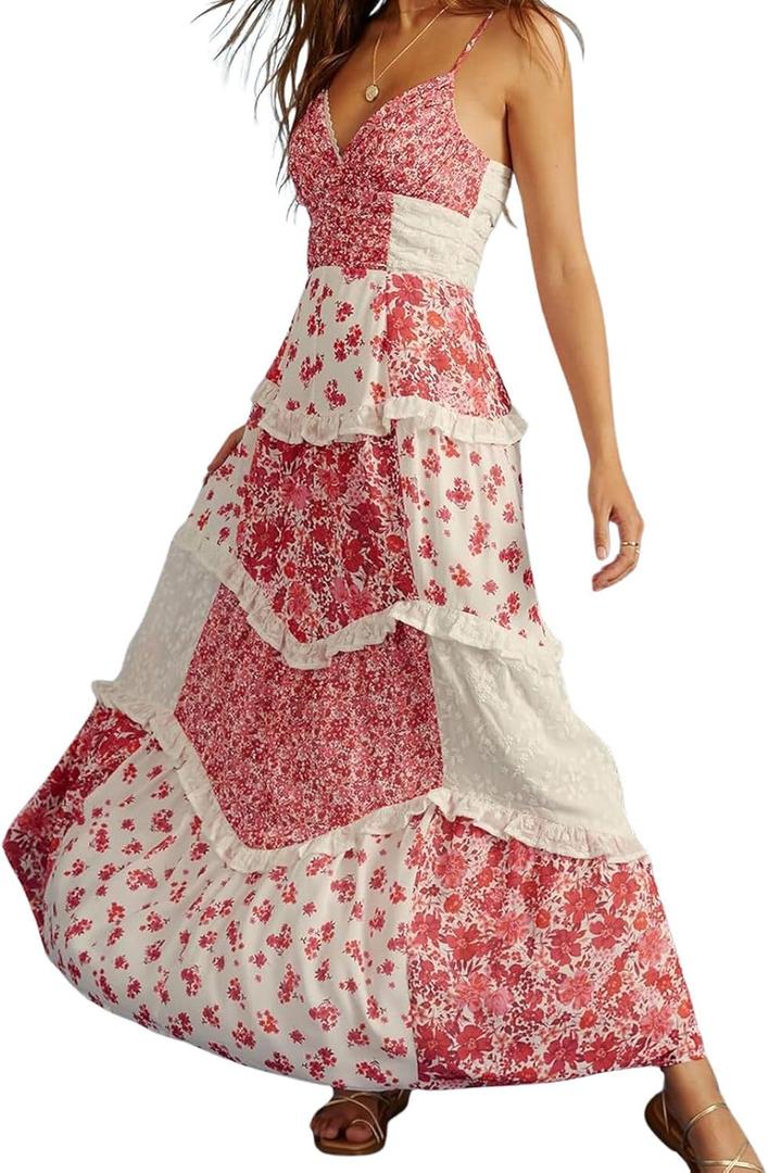 ebossy Womens Lace Patchwork Floral Maxi Dress Spaghetti Strap Sexy Backless Ruffle Tiered Boho Beach Sundresses (XL)