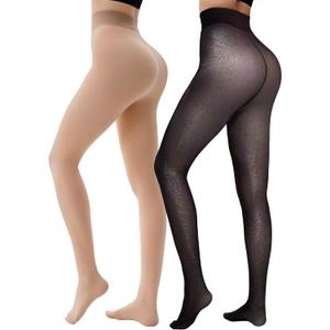 HONGTEYA 2 Pairs Fleece Lined Tights Women - Warm Sheer Pantyhose Fake Translucent Tights Winter Thermal Leggings