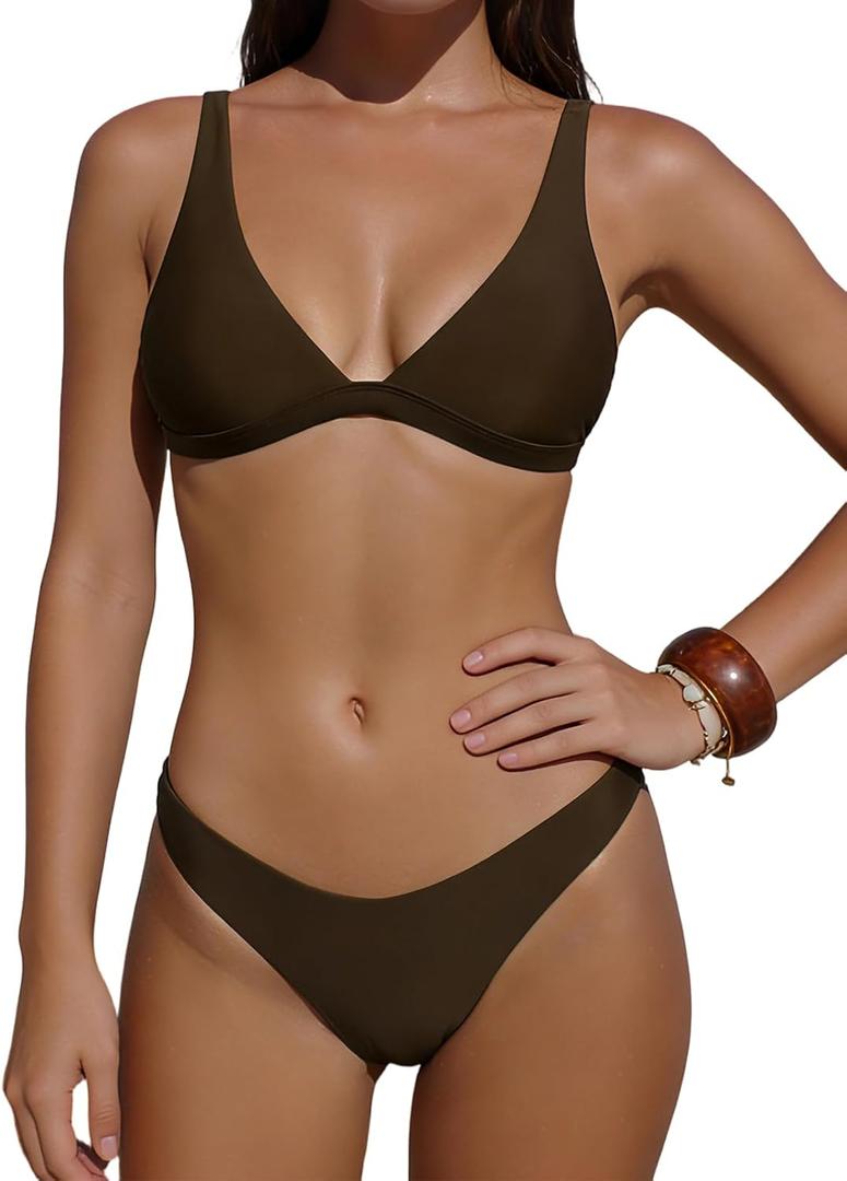 SWIMLANCE Womens Low Waistd Bikini Set Two Piece Bathing Suit V Neck Adjustable Spaghetti Straps Sexy Bathing Suit Swimwear（Brown, Medium）