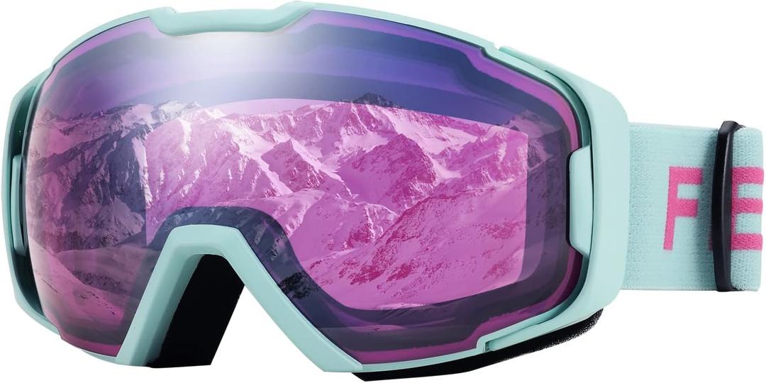 FEISEDY Ski Goggles, OTG Snow Sport Goggles for Adult Youth, Anti-Fog UV400 Protection Bendable Dual-Lenses B2961 (Purple Silver Vlt 27%)