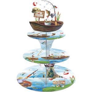 2 x Fishing Birthday Party Decorations Cupcake Stand, 3 Tier Gone Fishing Funny Cardboard Cupcake Display Stand Dessert Tower, Angler Birthday Party Supplies