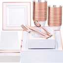 Festiva 350Pcs Rose Gold Plates and Napkins Party Supplies-Square White and Rose Gold Disposable Dinnerware include Plates Cups Cutlery Napkins for 50 Guests Wedding &Party&Mother's Day