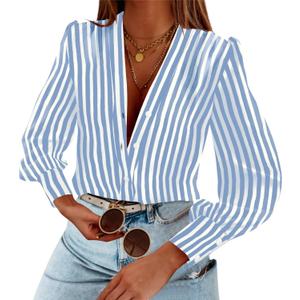 Women's Business Casual Tops Summer Long Sleeve Button Down Shirts V Neck Chiffon Blouses (Blue, S)