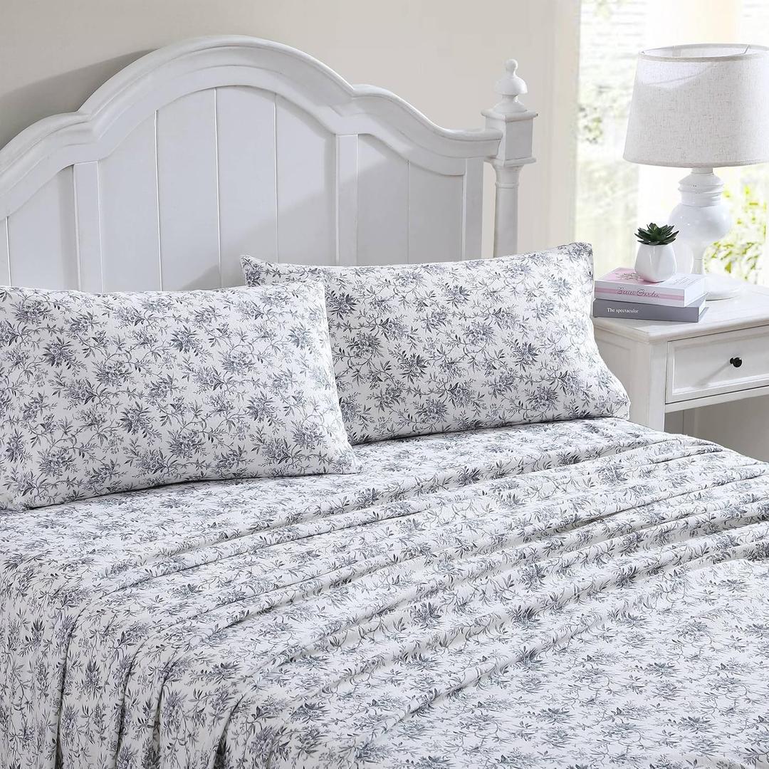 Laura Ashley - Flannel Sheets Twin Size, Anti-Pilling & Wrinkle Resistant Cotton, Touchably Soft for All-Season Comfort - Bed Sheets with Matching Pillowcase & Fitted Sheet (Faye Toile Black)