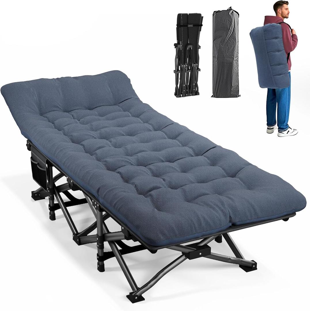 ATORPOK Camping Cot for Adults with Cushion Comfortable, Portable Folding Bed for Sleeping Supports 450 lbs (Blue), Large Size