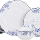 222 Fifth Hudson Valley 12-Piece Porcelain Dinnerware Set – Service for 4, Plate & Bowl Set, White with Blue Floral and Fauna Traditional Design, for Daily Dining, Microwave & Dishwasher Safe