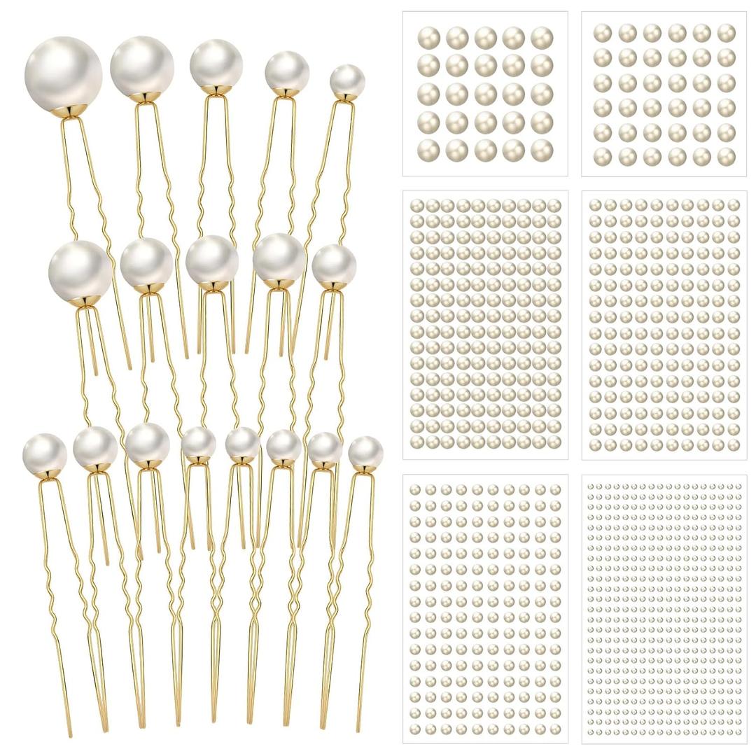Suncalla 18 Pcs Pearl Hair Pins and 6 Sheet 3D Pearl Stickers Set, Gold Wedding Bridal Hair Accessories Vintage Headpiece for Bride Bridesmaid Flower Girls Face Body Nail DIY Crafts Decoration