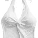 QJQ Women's Halter Tops Twist Front Slit Backless Cute Summer V Neck Tank Top Vacation Outfits (White)