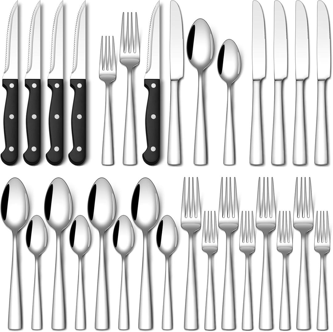 Stapava 24-Piece Silverware Set with Steak Knives, Food-Grade Stainless Steel Flatware Set for 4 Mirror Polished Cutlery Utensil Sets Include Forks Spoons and Knives Set Dishwasher Safe