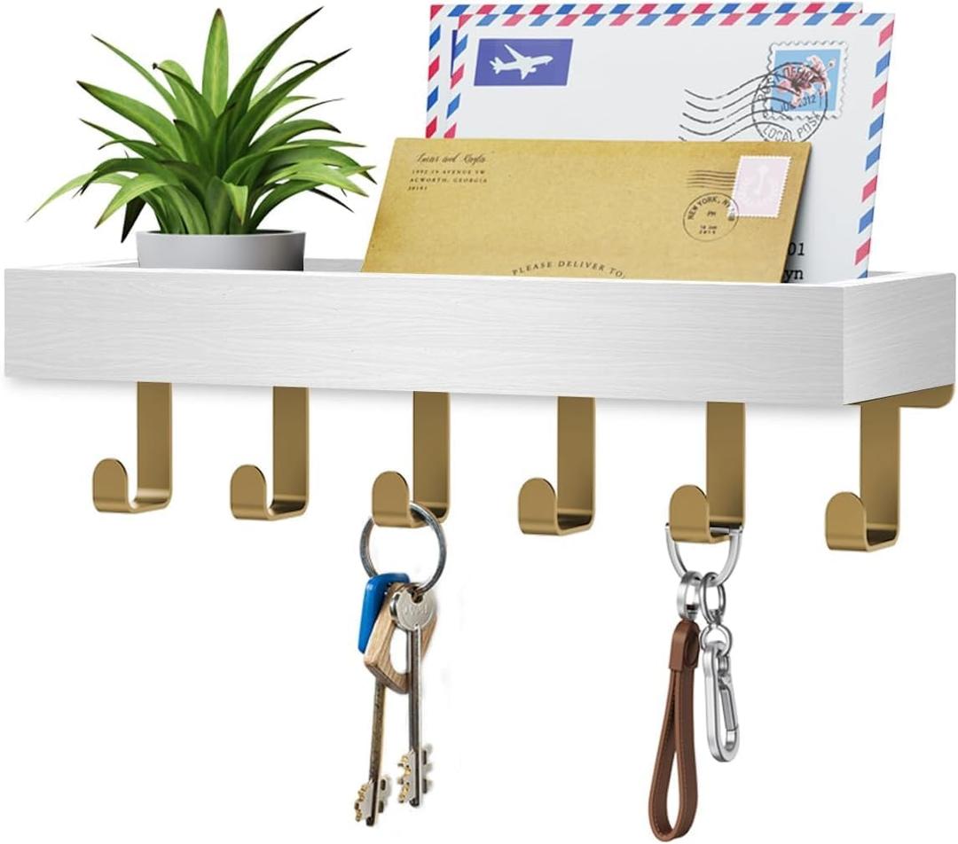 Key Holder Wall Mount Adhesive Magnetic - Hanging Key Hooks with Mail Organizer Tray for Wallet House - Keys Hanger Rack with Shelf for Camper Entryway Door Home Living Room Decor Gold White (Medium)