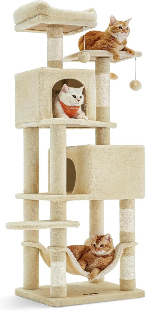 Feandrea Cat Tree, 61-Inch Cat Tower for Indoor Cats, Plush Multi-Level Cat Condo with 5 Scratching Posts, 2 Perches, 2 Caves, Hammock, 2 Pompoms, Beige UPCT192M01