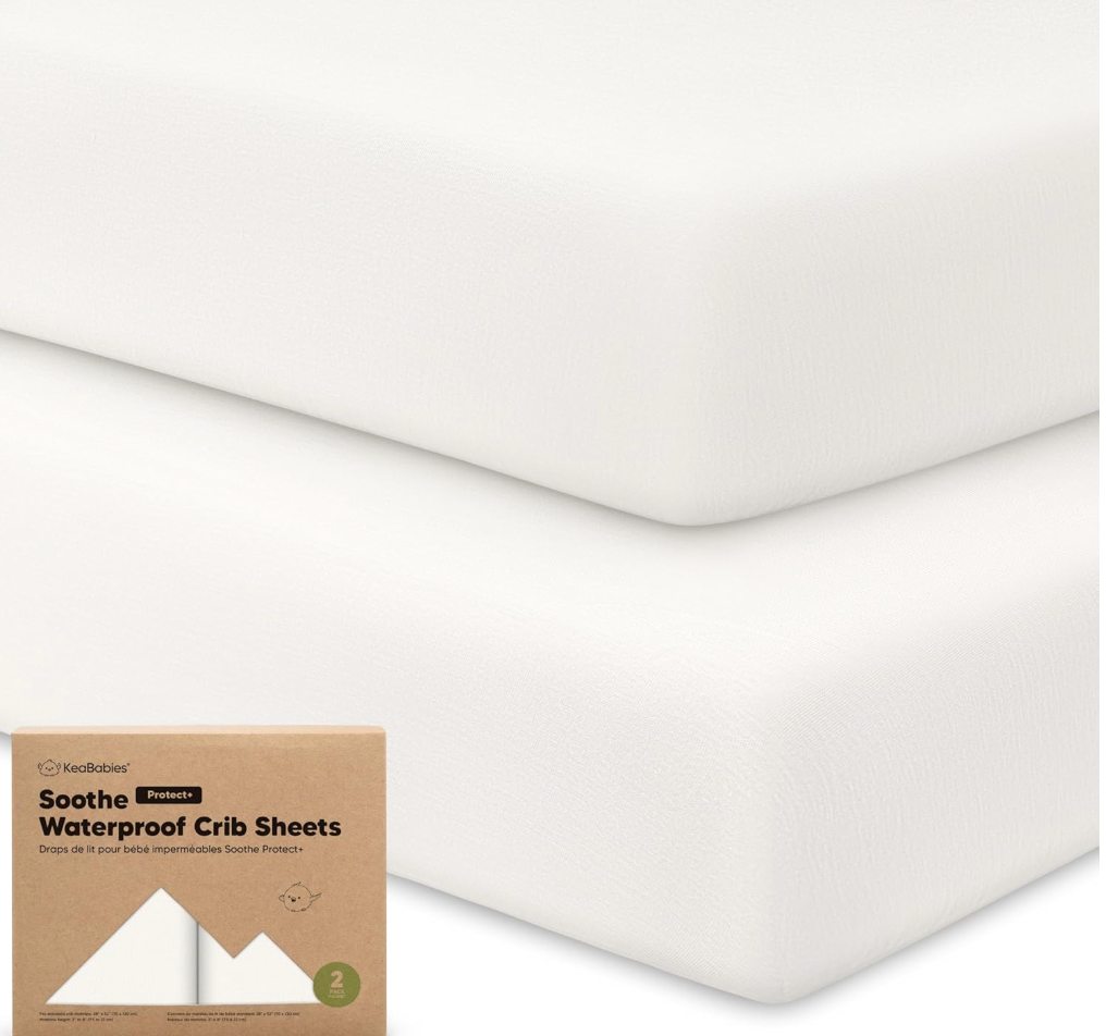 2Pack Waterproof Crib Sheets for Boys, Girls  52x28 Fitted Organic Cotton Baby Crib Sheets, Toddler Mattress Protector Cover, Washable, Soft & Durable Baby Bedding Essentials (Soft White)