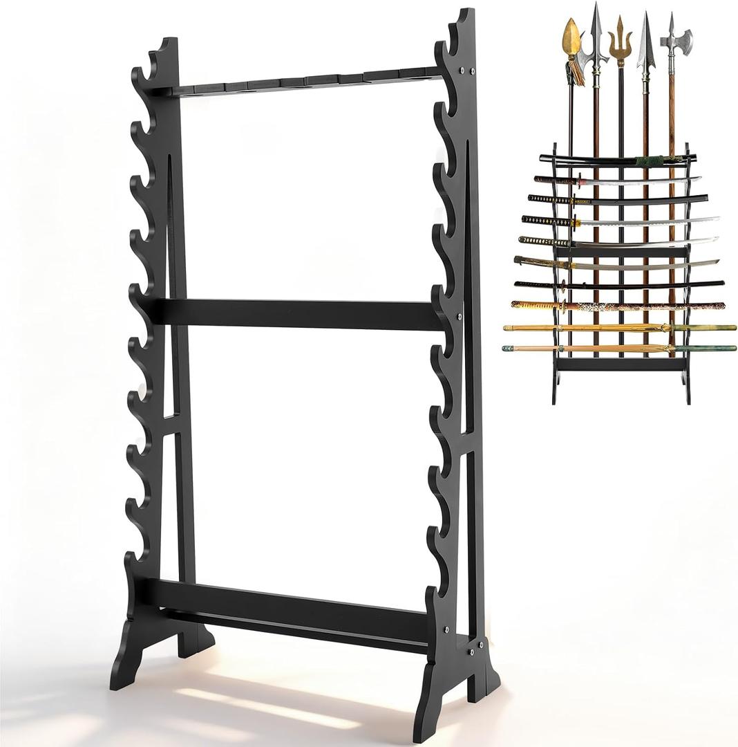 Leinuosen Large Floor Standing Sword Display Rack, Holds up to 10 Samurai Swords, 10-layer Katana Stand with 5 Holes for Long Weapons, for Collectors & Martial Arts Enthusiasts, Black HDF