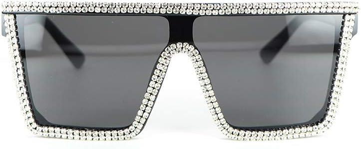 Oversized Square Sunglasses For Women Men Bling Rhinestone Flat Top Shades