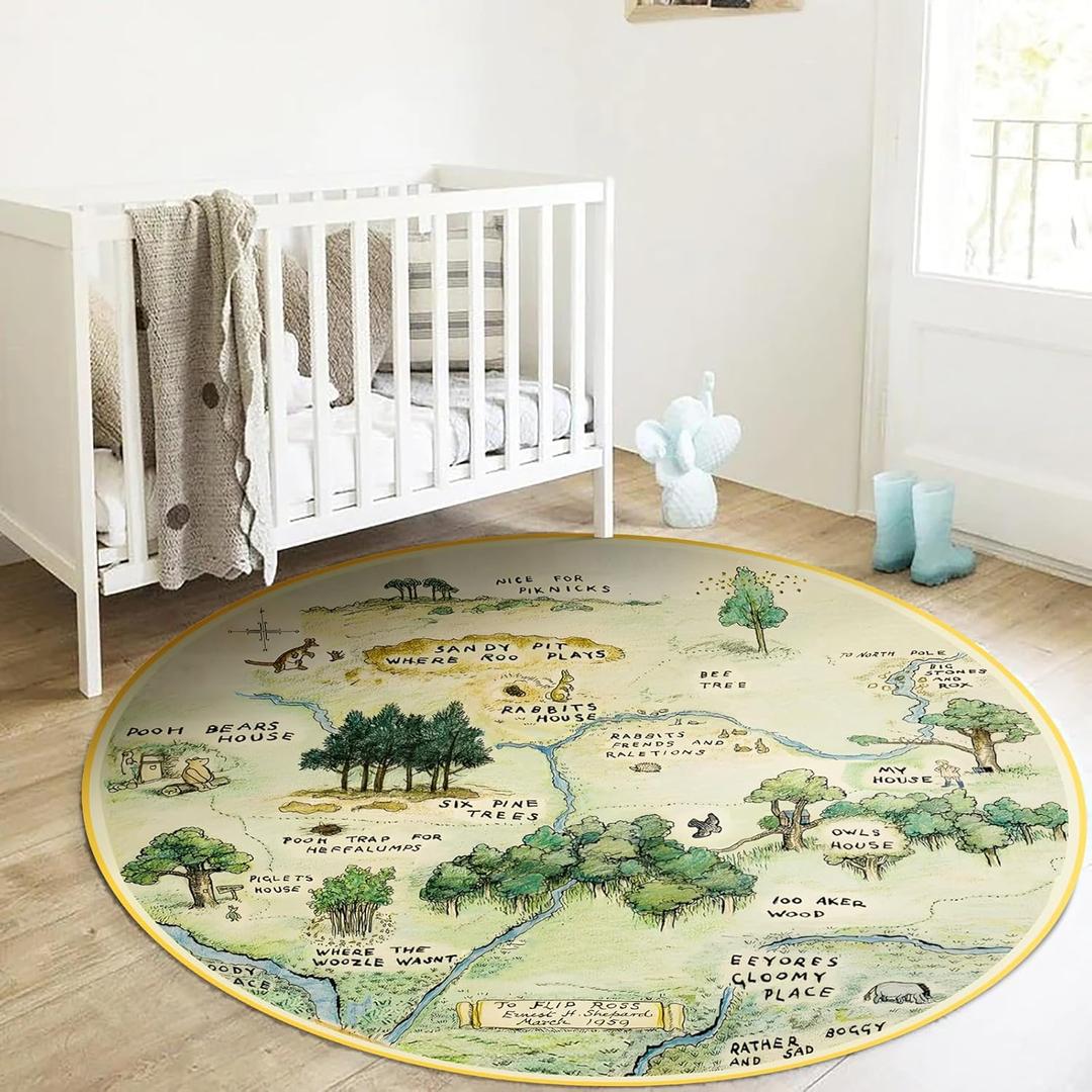 Estmy 8ft Washable Round Nursery Rug, Cute Woodland Kids Play Mat for Girls Boys Neutral Soft Crawling Play Mat for Classroom Children Toddlers Bedroom Easy to Clean, 100 Acre Wood Map Rug
