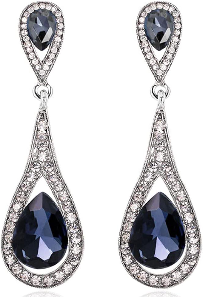 Extra Large Long Antique Vintage Retro Deco Gatsby Flapper Style Dark Navy Midnight Sapphire Blue Rhinestone Dangle Earrings