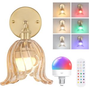 Vintage Battery Operated Wall Sconce, Rechargeable Battery Powered Wall Sconces with Remote Control, Wireless Dimmable LED Light for Bedside Indoor Living Room (Amber Lily)