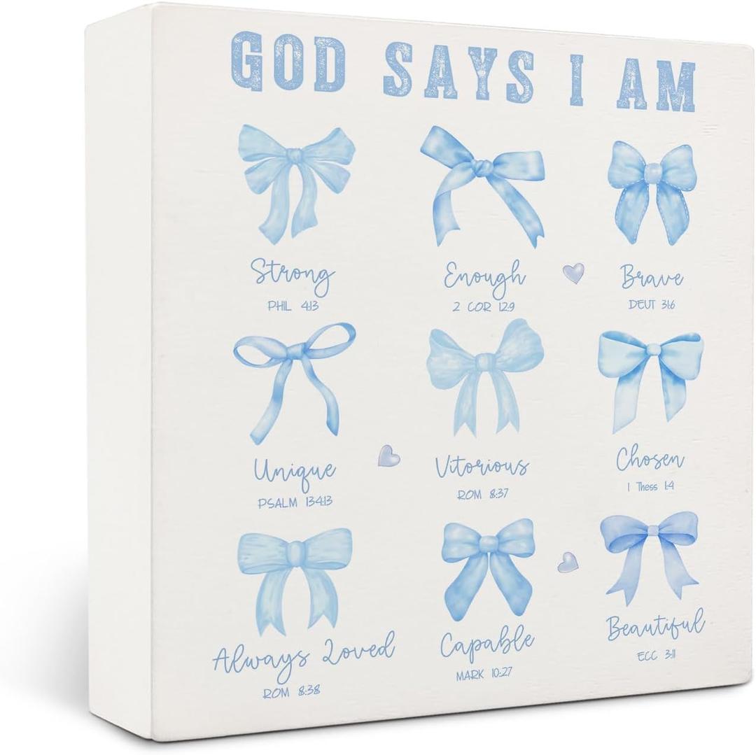 Coquette Blue Bow Christian Bathroom Wooden Signs,Coquette Room Decor,Blue God Says I Am Wooden Box Sign,Preppy Bow Bible Verse Decor For Girls Room Bedroom Desk Shelf Tabletop 5x5 Inches