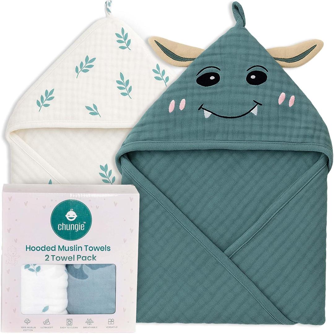 Chungie Soft Muslin Hooded Baby Towels 32x32 inches  100% Cotton, 6-Layer Breathable Newborn Bath Towels with Hood, Pack of 2 (Printed + Embroidered)