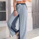TARSE Womens Linen Wide Leg Pants Striped Drawstring Elastic Waist Loose Fit Summer Boho Casual Trendy Pants with Pockets (Blue, L)