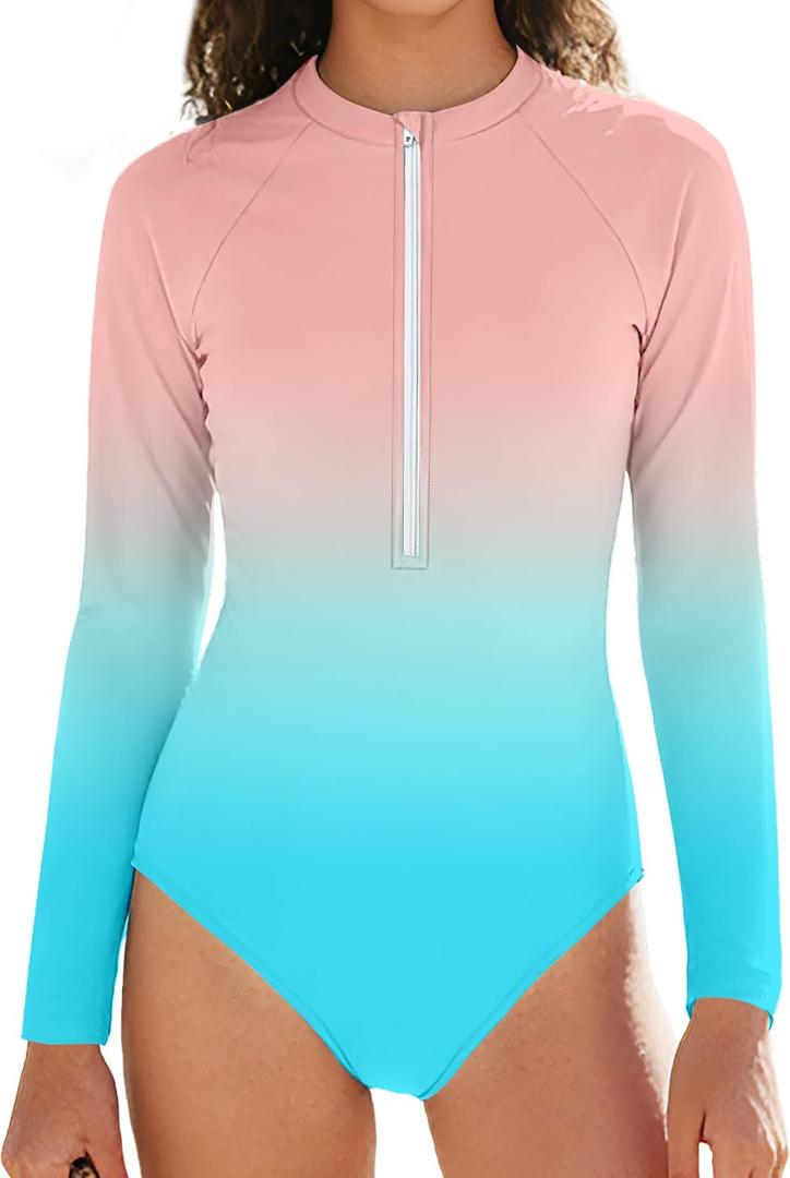 Girls Swimsuit 10-12 Girls One Piece Swimsuits Pink Blue Gradient Zipper Girl Rash Guard Swimwear Teen Girl Long Sleeve Bathing Suit UPF50+ Sun Protection Swim Suits