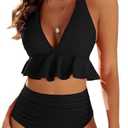 Edelqual Women High Waisted Bikini Sets Two Piece Swimsuit Ruffle Tummy Control Bathing Swim Suit Halter V Neck Swimwear. Size L