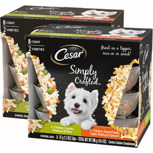 Cesar Simply Crafted Wet Dog Food Toppers for Dry Food, Chicken, Carrots, Potatoes & Peas and Chicken, Sweet Potato, Apple, Barley & Spinach Meal Topper Variety Pack, 1.3 oz. Tubs, 8 Count (Pack of 2), Best By: 01/08/2026