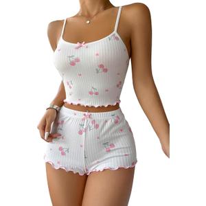 Women's 2 Piece Pajama Set Cherry Spaghetti Strap Bow Cami Tops and Shorts Set Cute Soft Sleepwear (White, XL)