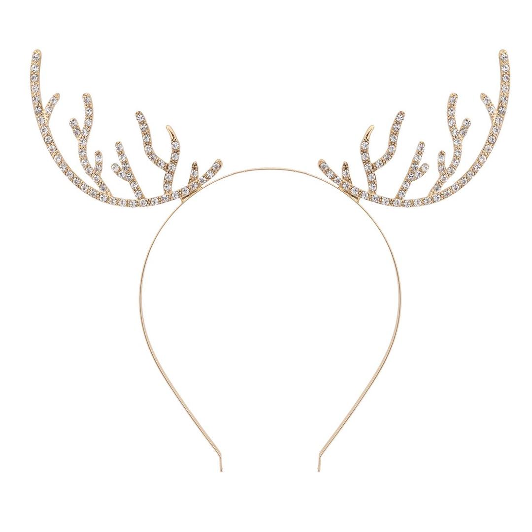 VOGUEKNOCK Christmas Headband Reindeer Antlers Crystal Paved Delicate Metal Headband Gold