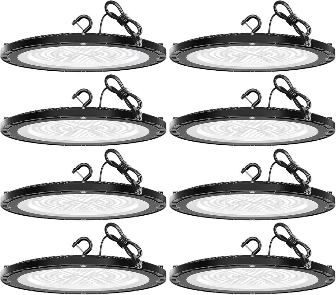 UFO LED High Bay Lights 200W 28000LM with US Plug 5ft Cable 5000K AC100-277V High Bay LED Shop Lights Commercial Warehouse Workshop Factory Barn Garage Lighting Fixture 8 Pack