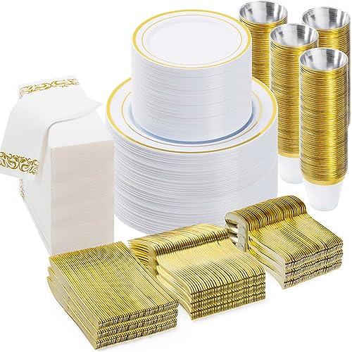 BESTVIP 700 PCS Gold Dinnerware Set for 100 Guests, Plastic Dinnerware Set for Party, Christmas, Halloween, Include: 200 Plastic Plates, 100 Gold Silverware, 100 Cups, 100 Paper Napkins