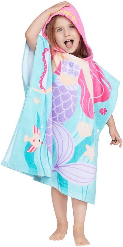Gealaek 100% Cotton Hooded Towel for Toddlers 2-6 Years Boys Girls Kids Bath Pool Beach Towel Soft Absorbent Beach Poncho Little Mermaid, Large